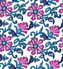 Hand-Drawn Floral Seamless Pattern with Pink Flowers and Blue Leaves...