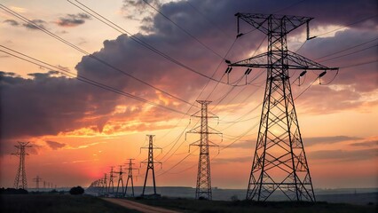 Row Of Power Pylons Against Sunset Sky With Dramatic Cinematic Lighting And Natural Glow