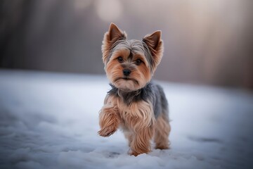 Adorable yorkshire terrier puppy walking in the snow on a winter day