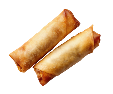 Two golden-brown spring rolls, slightly overlapping, sit atop a black background.  Crispy, light-brown exterior, filled with a hint of red.  Close-up, high-angle view