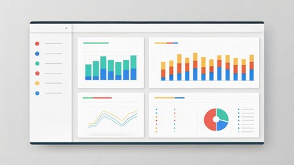 Digital dashboard displaying various colorful charts and graphs for data analysis and visualization.