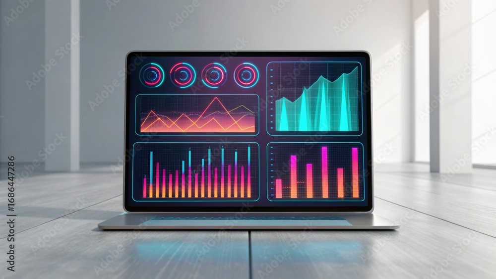 Poster a laptop displaying colorful data visualizations on a sleek floor in a modern, minimalist environmen