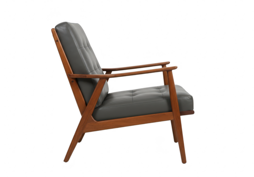 Gray midcentury modern armchair isolated on transparent background