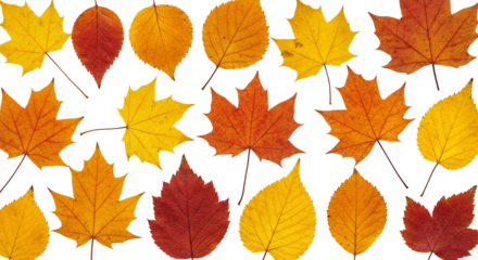 Autumn leaves collection orange yellow red foliage on transparent background