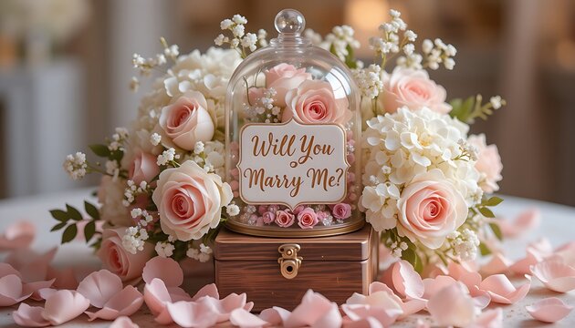 engagement announcement floral display featuring pink roses,white hydrangeas and glistening diamond-like accents arranged in a glass cloche with a miniature "Will You Marry Me?" sign,placed on a woode