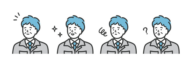 ミドル　シニア　男性作業員の表情のアイコンイラスト素材