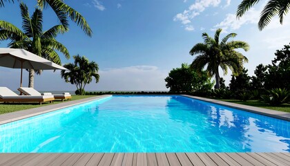 Tropical pool scene with lounge chairs