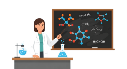 Female scientist explaining complex chemical formulas on a blackboard in a laboratory setting, illustrating the principles of science education and molecular structure in an educational presentation