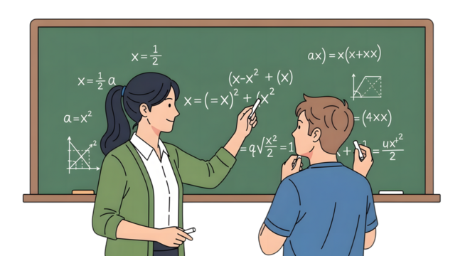 Teacher Explaining Math Equations to Student on a Chalkboard for Educational Concept