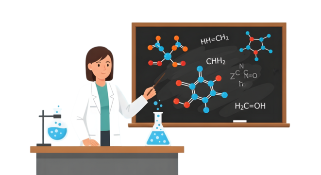 Female scientist explaining complex chemical formulas on a blackboard in a laboratory setting, illustrating the principles of science education and molecular structure in an educational presentation