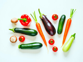 Assorted Fresh Vegetables on Light Background, Top View