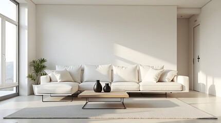 Serene modern living room with plush white sectional sofa, sunlit ambiance, and minimalist decor