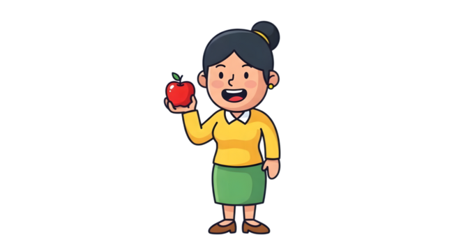 A friendly cartoon woman enthusiastically promotes healthy eating habits by holding a fresh, vibrant apple, symbolizing good nutrition and wellness in an engaging illustration