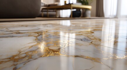 Close-up view of a glossy, marble-patterned floor tile.  Golden veins and highlights create a luxurious aesthetic.  Blurred interior elements?sofa, coffee table?are visible in the background