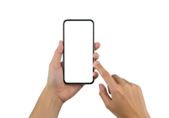 Two hands touching a smartphone screen isolated on transparent background