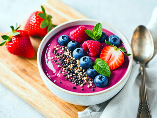 Healthy Purple Smoothie Bowl with Strawberries, Blueberries and Chia Seeds
