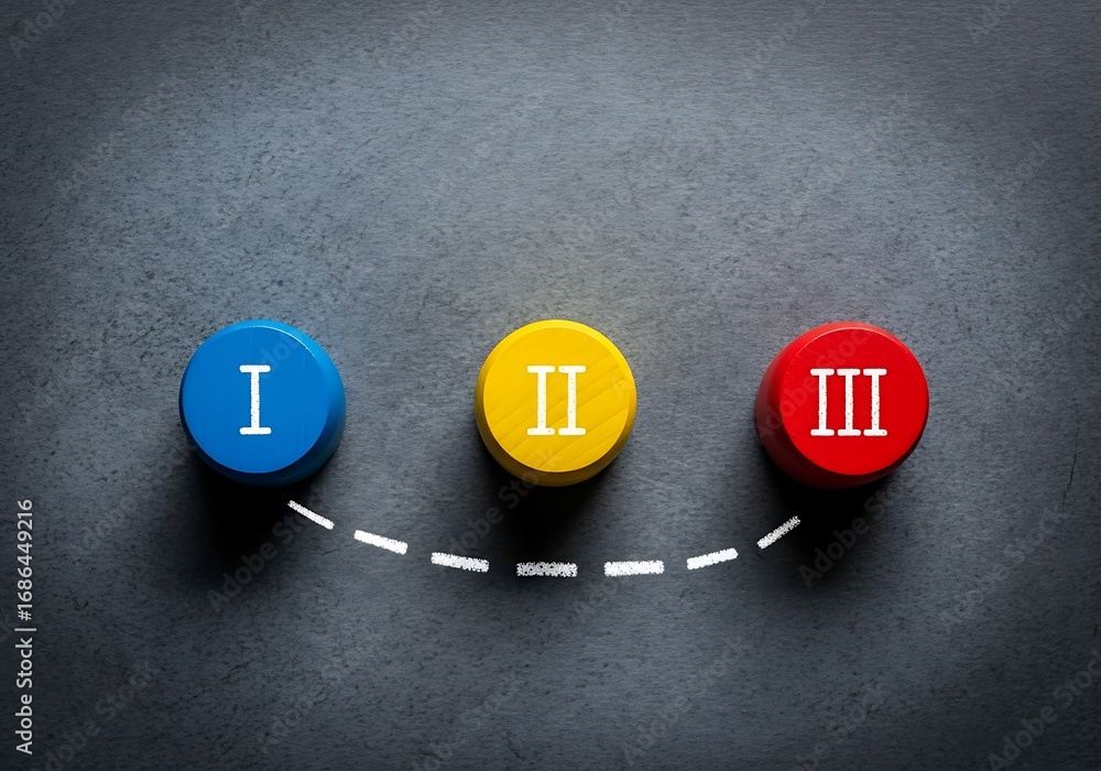 Poster three stages represented by colorful circles with roman numerals arranged in a sequence