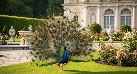 Obraz premium A magnificent peacock proudly displays its iridescent tail feathers in a beautiful, formal garden with a grand estate behind.