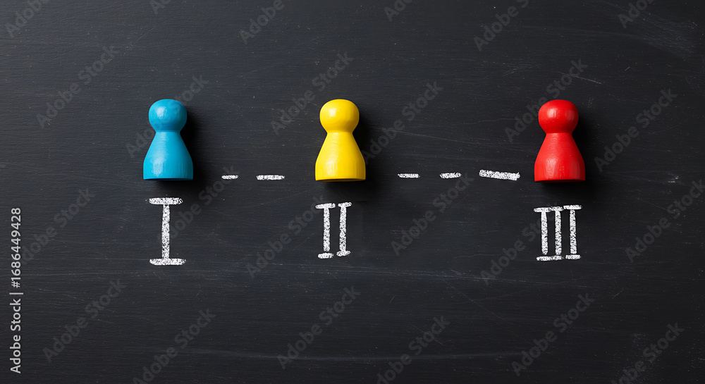 Poster visualizing step by step progress using colored pawns and roman numerals