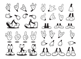 Cartoon body parts collection  silhouette, Retro cartoon legs and hands, Hands with gloves and feet with boots, various poses for characters, a set of poses, gestures © vectartnest