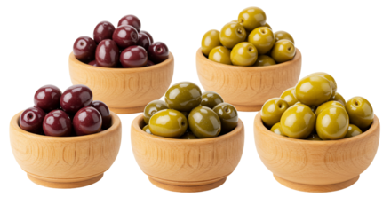 Green and red olives in wooden bowls transparent background