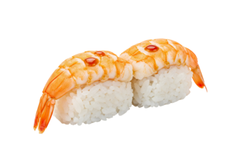 Shrimp sushi close up of two pieces of cooked shrimp on rice with red sauce