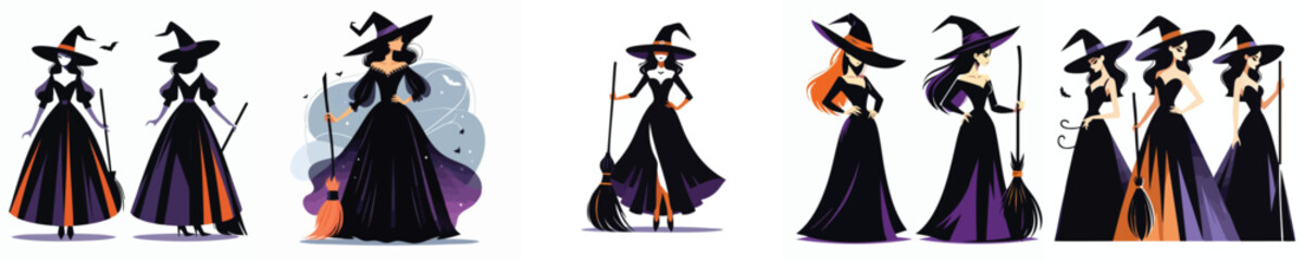 Elegant Gothic Witch Woman in Black Dress with Broomstick