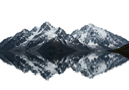 Snow capped mountain range reflected in still water