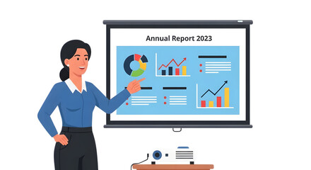 Professional businesswoman presenting data analysis with charts and graphs on a projector screen during a corporate meeting