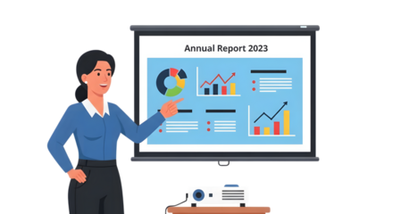 Professional businesswoman presenting data analysis with charts and graphs on a projector screen during a corporate meeting