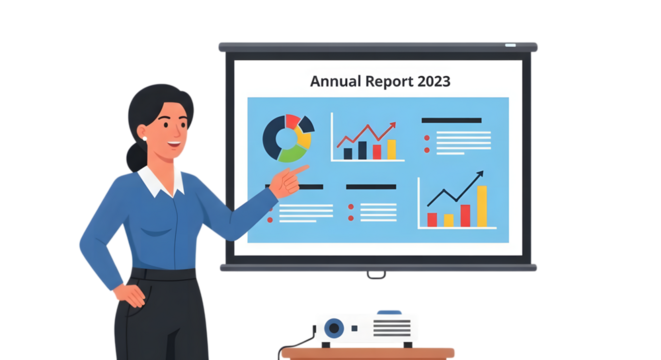 Professional businesswoman presenting data analysis with charts and graphs on a projector screen during a corporate meeting