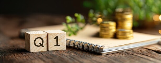 The Q1 Block Scene Highlighting Financial Planning and Coin Stacks