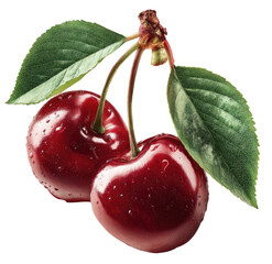 Close-up of two ripe cherries on a stem with leaves.  Vibrant red cherries, glistening with water droplets, are positioned slightly angled.  Fresh green leaves accentuate the fruit