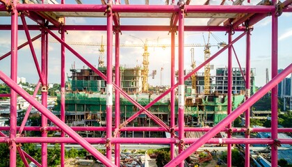 Pink scaffolding frames construction site