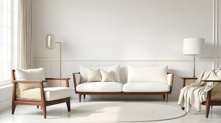 Elegant minimalist living room invites relaxation with plush sofa, cane chairs, and soft natural light