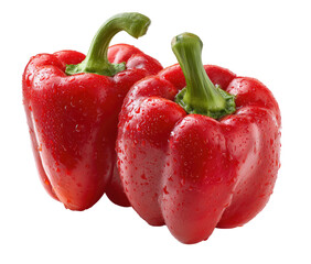 Two vibrant red bell peppers, glistening with water droplets