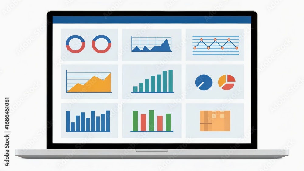 Poster a laptop displaying various colorful graphs and charts, ideal for business presentations and data an