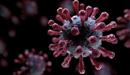 Close up of a microscopic virus particle with spikes on its surface showing its structure and detail