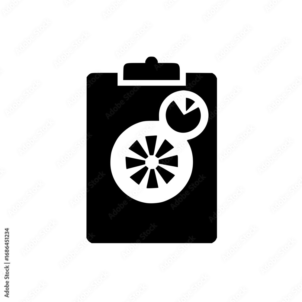 Poster pie chart icon on clipboard for data analysis productivity tracking and economic evaluation