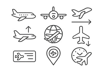 Airplane line icon pack. Aviation and travel symbols set. Includes flight, takeoff, landing, airport location, boarding pass, destination, and flight time vector icons.