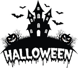 Spooky Haunted House Halloween Silhouette with Bats and Pumpkins Typography

