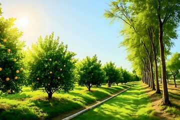 Golden citrus glows beneath a clear sky, where orderly rows of fruit trees and flowing irrigation reflect the harmony of human care and nature&rsquo;s bounty