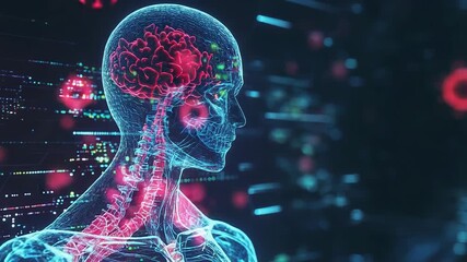 Human body and brain affected by virus particles in digital medical interface - Powered by Adobe