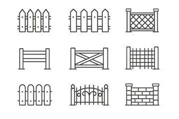 Fence outline icon set. A collection of various fence and gate symbols. Wooden picket, farm barrier, metal grid, and brick wall. Vector line art for security or boundary.