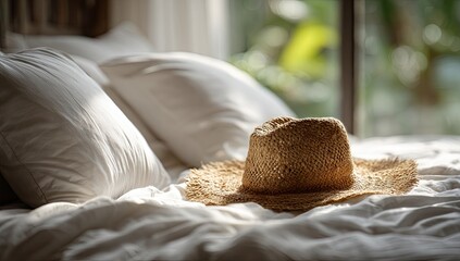 A straw hat rests on a bed of crisp white linens, sunlight streams in from a window