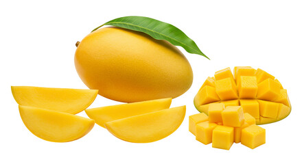 Ripe mango fruit slices and diced pieces on transparent background