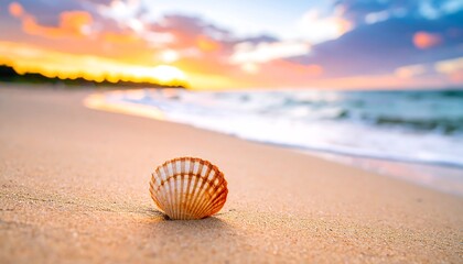Obraz premium Seashell on a golden beach at sunset