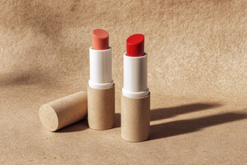 Two lipstick tubes, coral and red, on kraft paper