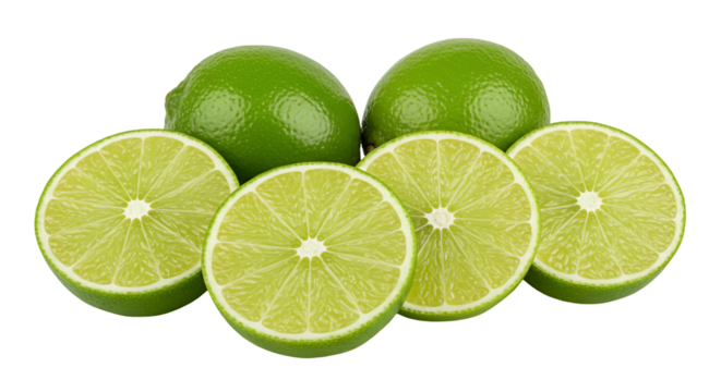 Fresh limes slices green citrus fruit transparent background