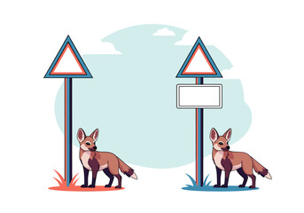 Two cunning foxes stand under blank warning signs in a grassy meadow with clouds in the background